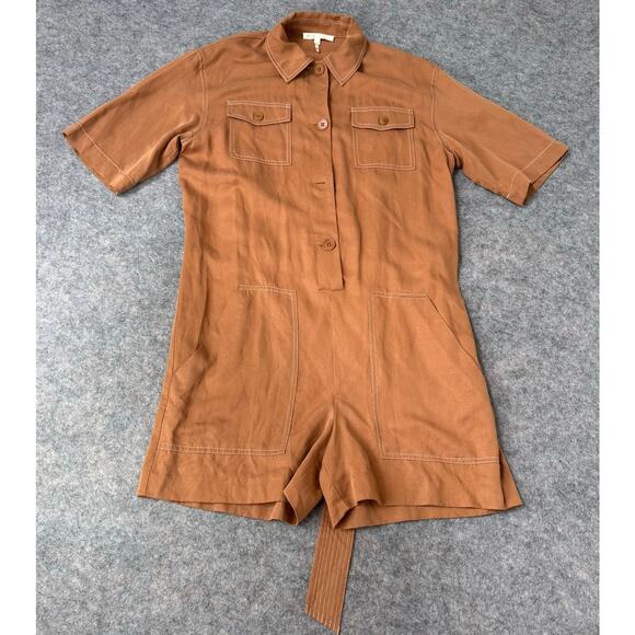 Maje Paris Women's V-Neck Romper Jumper Brown Collared Belted Size EU 40/US L - Picture 2 of 10